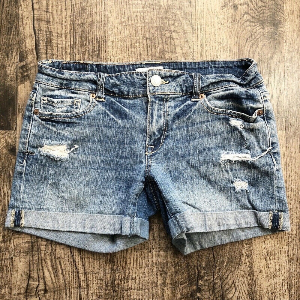 Aeropostale Womens Size 3/4 Dark Wash Distressed Rolled Cuff Midi Jean Shorts